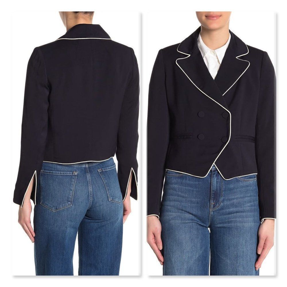 FRAME Contrast Piping Cropped Blazer sz 6 in Navy